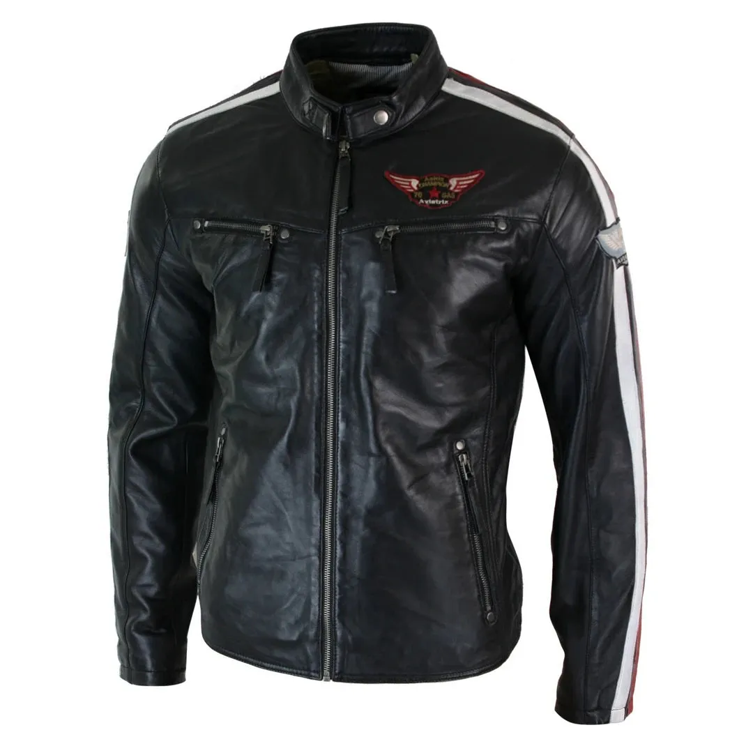 Men's Black Leather Racing Biker Jacket Zipped Short Red White Stripes Badge sold by Tru Clothing product image thumbnail 2