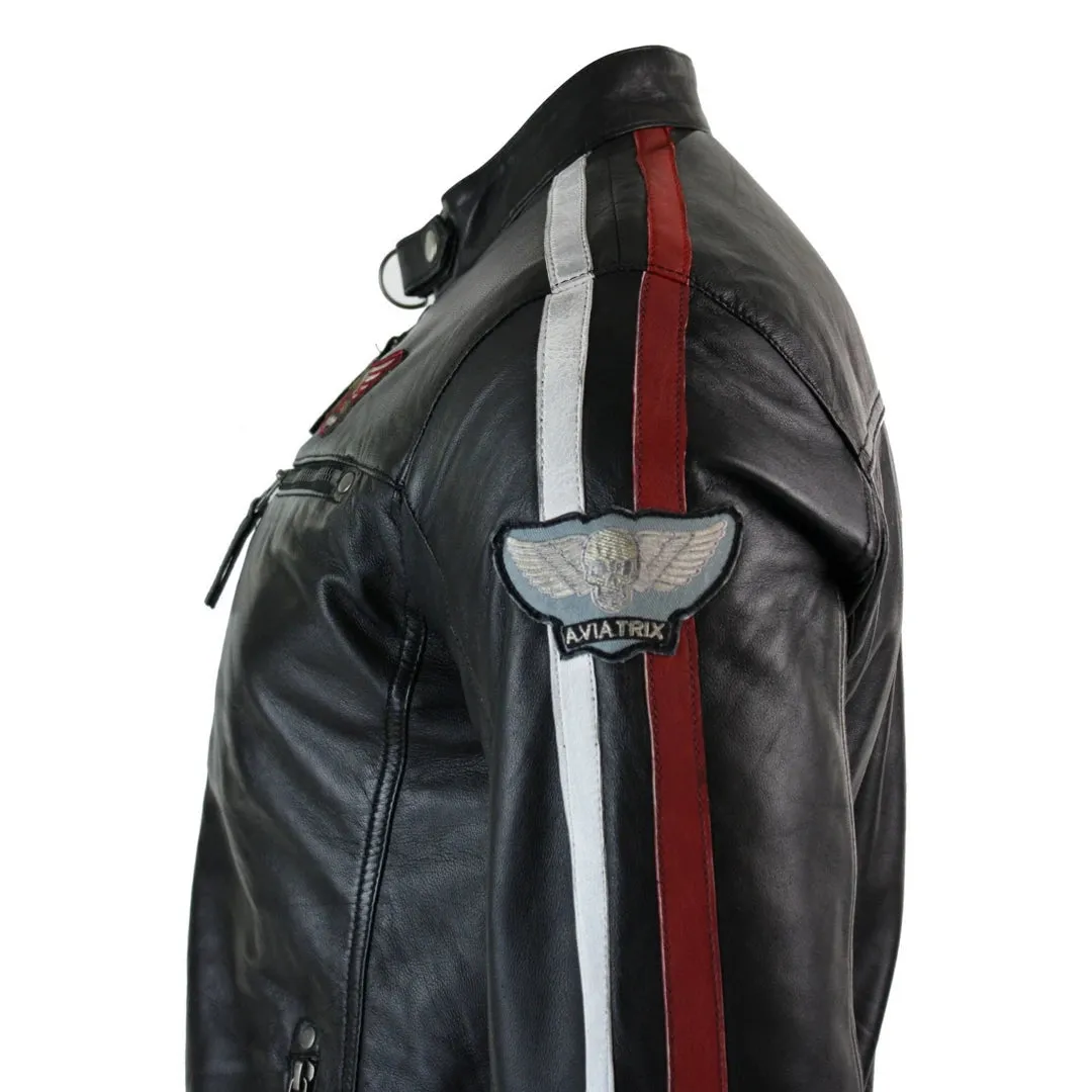 Men's Black Leather Racing Biker Jacket Zipped Short Red White Stripes Badge sold by Tru Clothing product image thumbnail 5