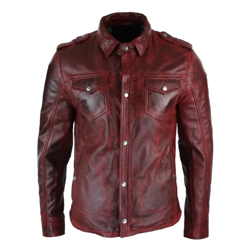 Men's Tan Timber Wine Red Washed Shirt Jacket Leather sold by Tru Clothing