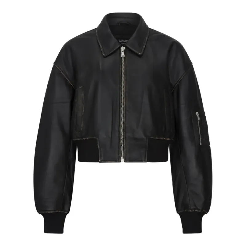 Women's Cropped Bomber Leather Jacket sold by Tru Clothing