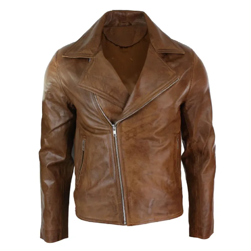 Men's Tan Brown Maroon Classic Cross Zip Brando Leather Biker Jacket sold by Tru Clothing