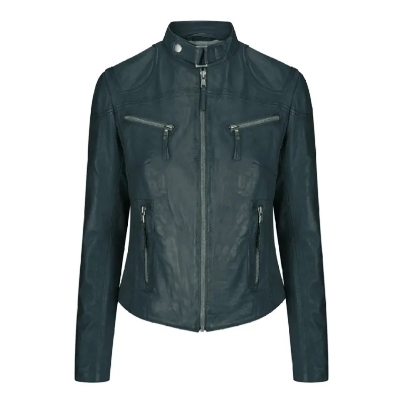 Women's Leather Fitted Biker Short Olive Green Jacket sold by Tru Clothing