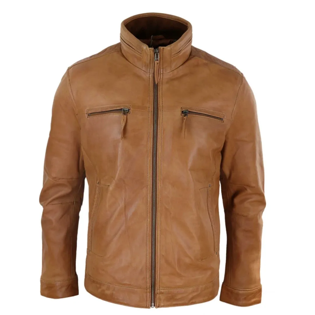 Men's Leather Jacket Zipped Biker High Collar sold by Tru Clothing