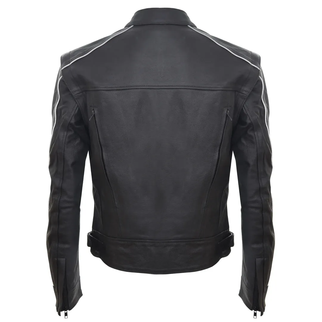 Men's Motorcycle Black Leather Hide Motorbike Jacket Zipped Nehru sold by Tru Clothing product image thumbnail 4