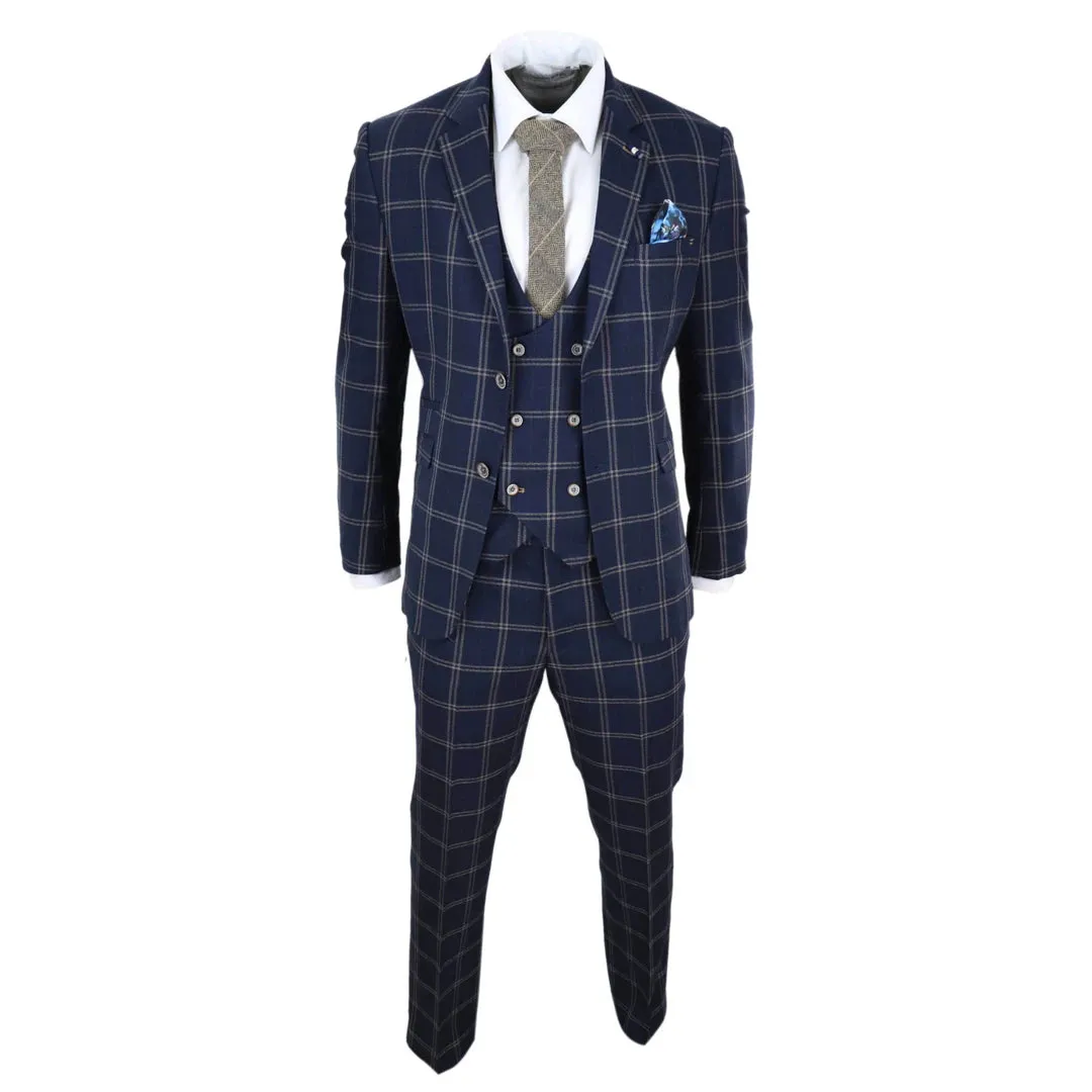 Hardy - Men's Navy Blue 3 Piece Suit Double Breasted Waistcoat Prince Of Wales Check sold by Tru Clothing product image thumbnail 3