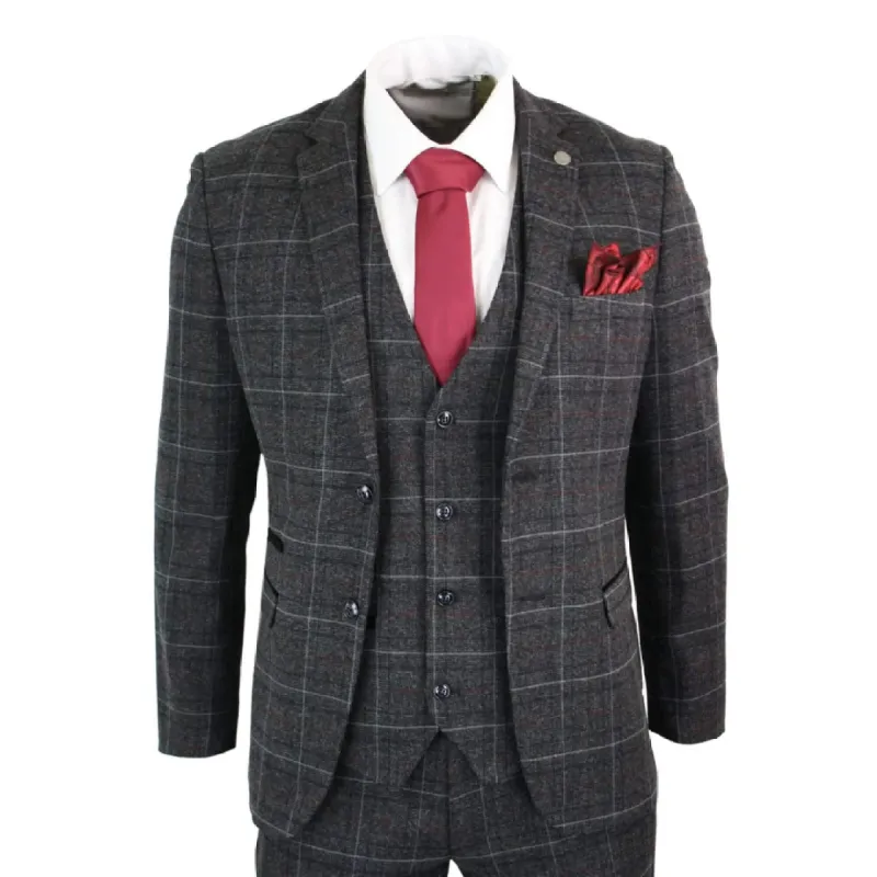 Harvey - Men's Grey Black 3 Piece Tweed Suit Herringbone Wine sold by Tru Clothing