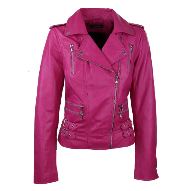 Women's Leather Pink Short Biker Jacket sold by Tru Clothing