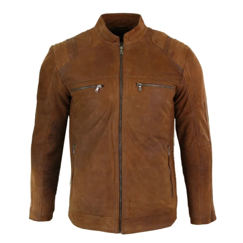 Men's Suede Leather Camel Zip Biker Racing Jacket Washed Nehru Collar sold by Tru Clothing