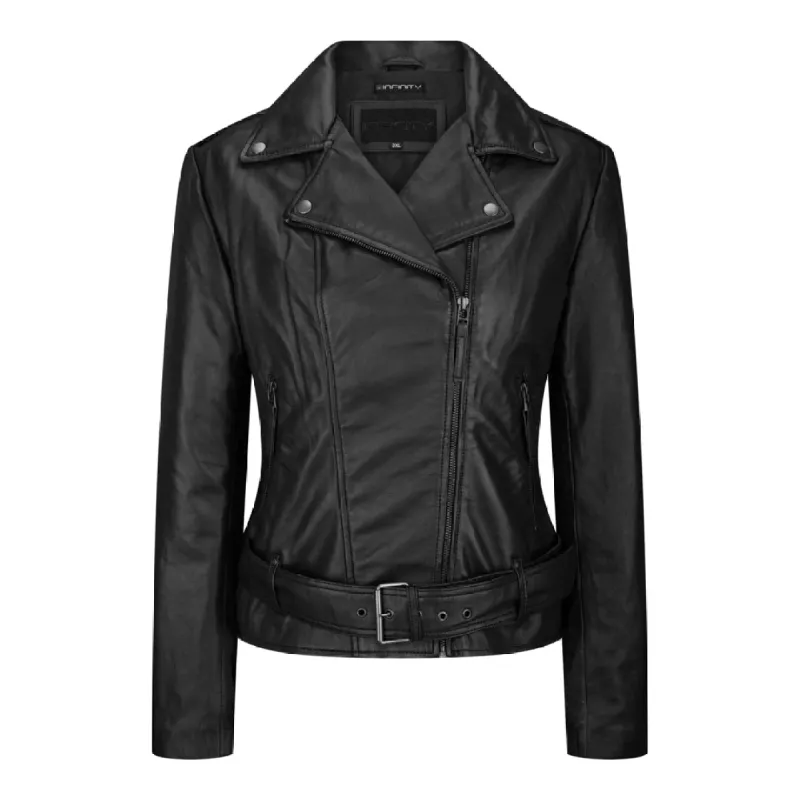Women's Leather Biker Jacket With Belt sold by Tru Clothing