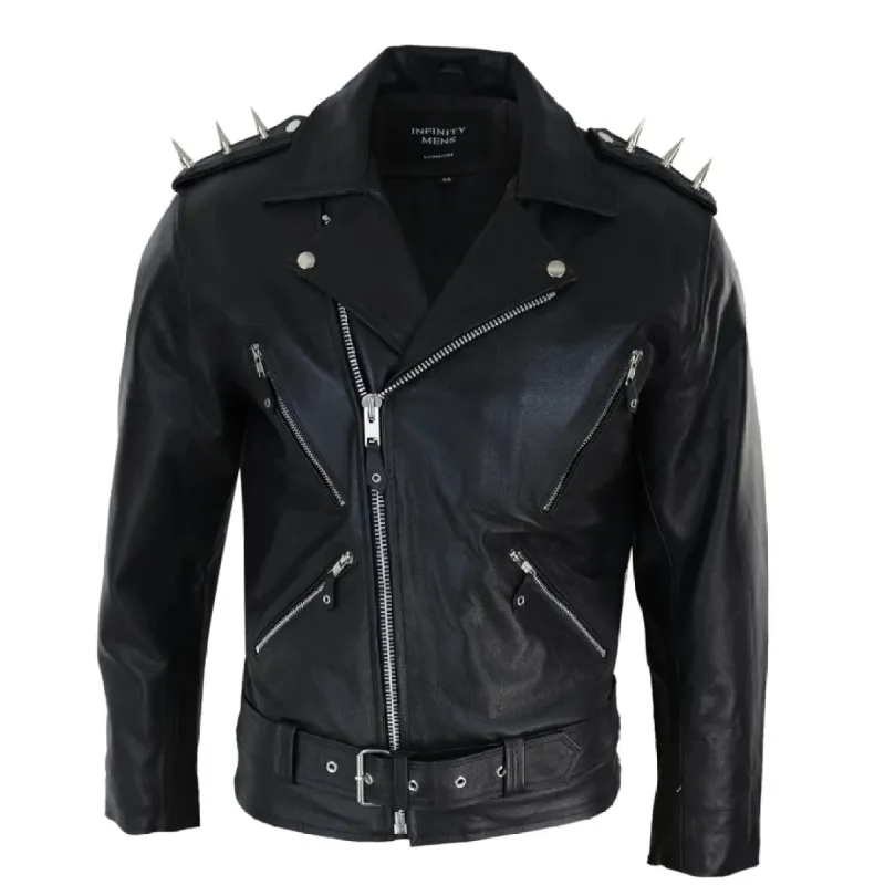Men's Spike Hide Original Cross Zip Brando Biker Motorcycle Leather Jacket sold by Tru Clothing