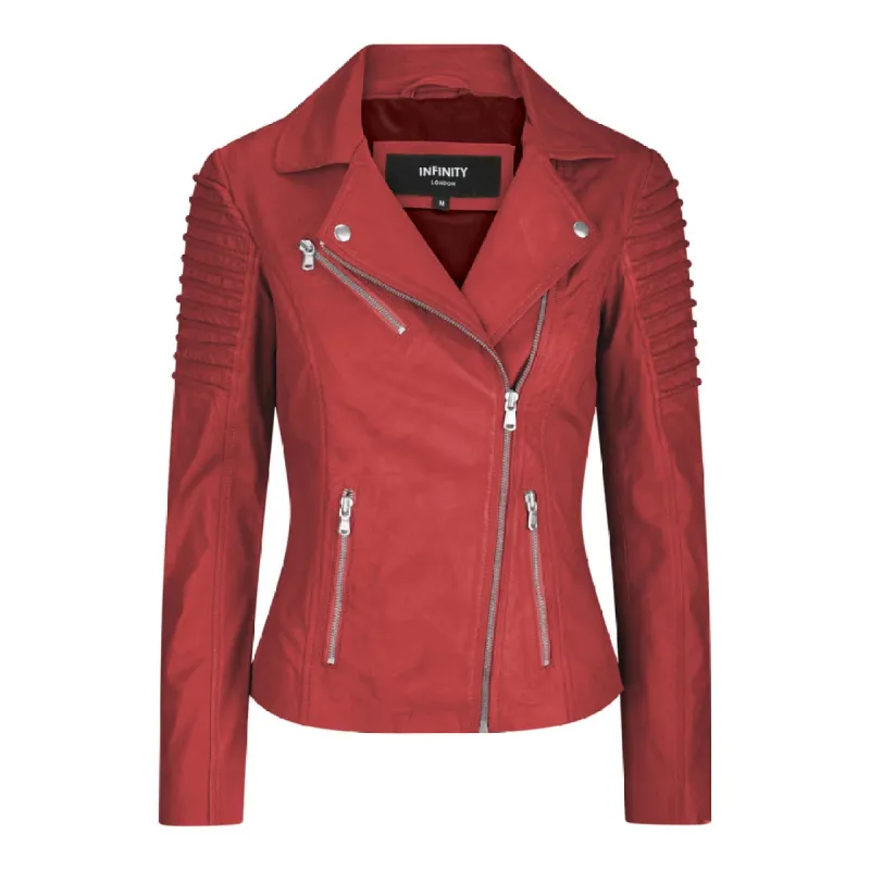 Women's Leather Red Biker Jacket sold by Tru Clothing