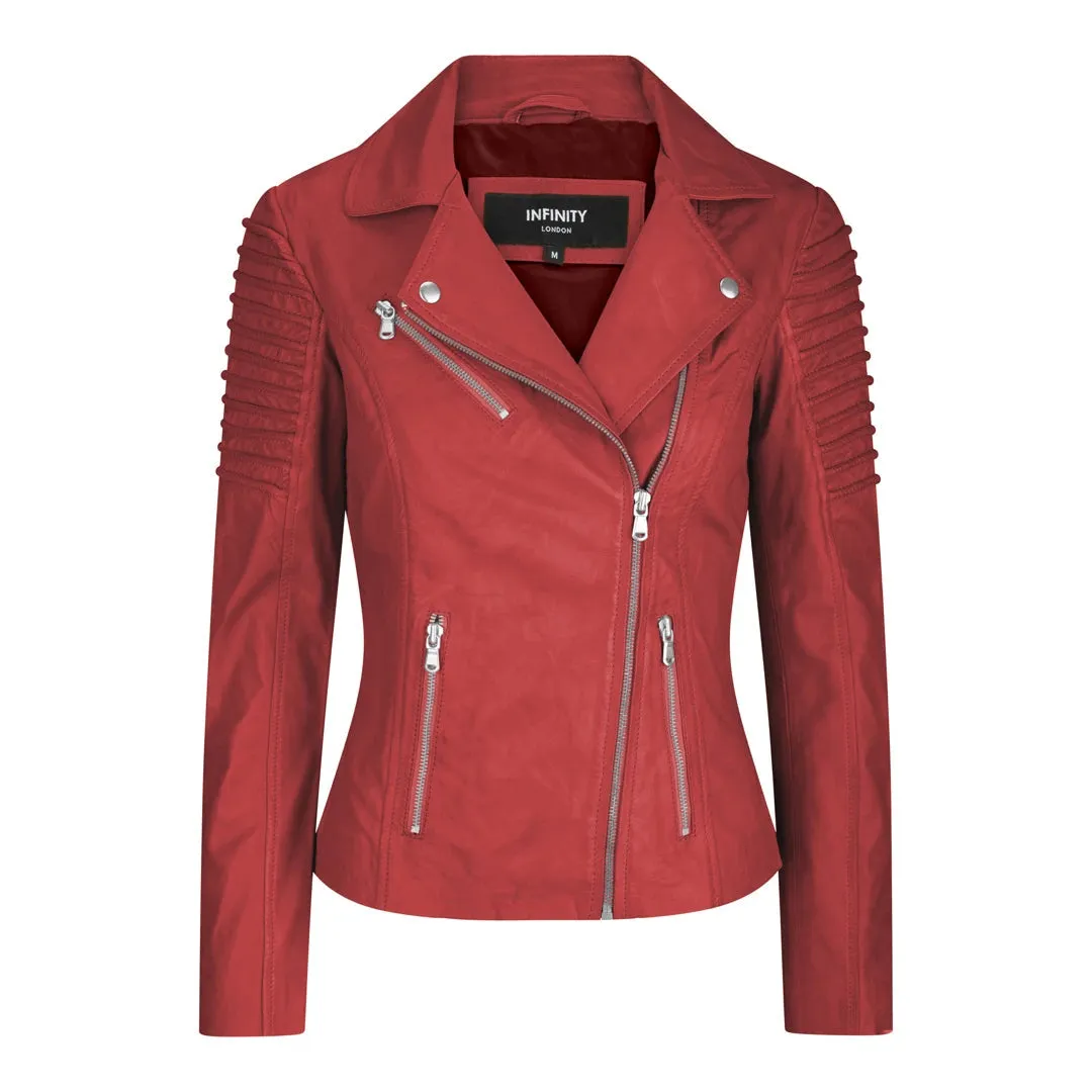 Women's Leather Red Biker Jacket sold by Tru Clothing