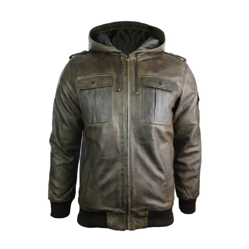 Men's Brown Hooded Leather Jacket sold by Tru Clothing