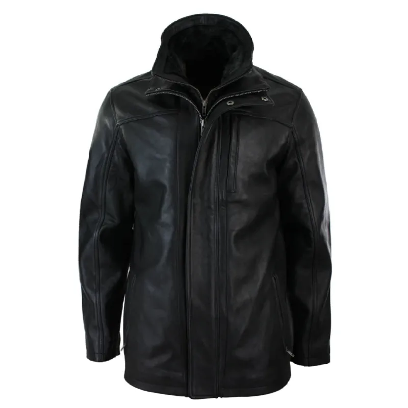 Men's 3/4 Leather Safari Jacket Overcoat Removable Double Zip Black Brown sold by Tru Clothing