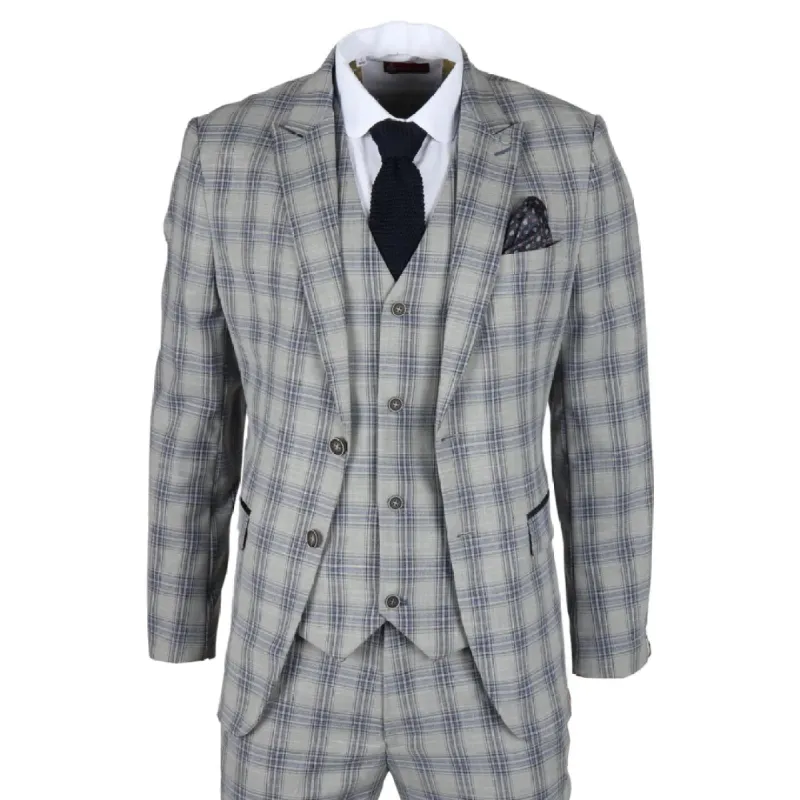 Knight - Men's 3 Piece Grey Blue Checked Suit sold by Tru Clothing