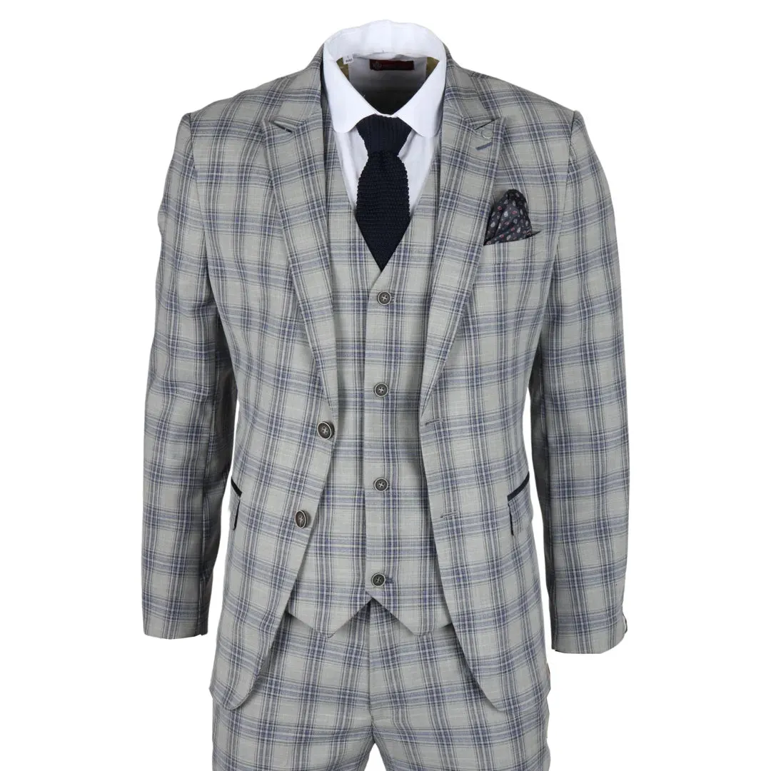 Knight - Men's 3 Piece Grey Blue Checked Suit sold by Tru Clothing