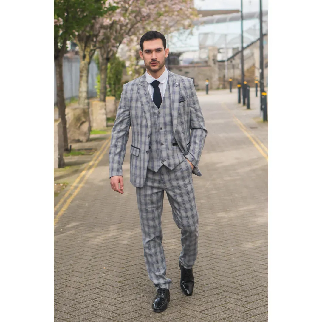Knight - Men's 3 Piece Grey Blue Checked Suit sold by Tru Clothing product image thumbnail 2