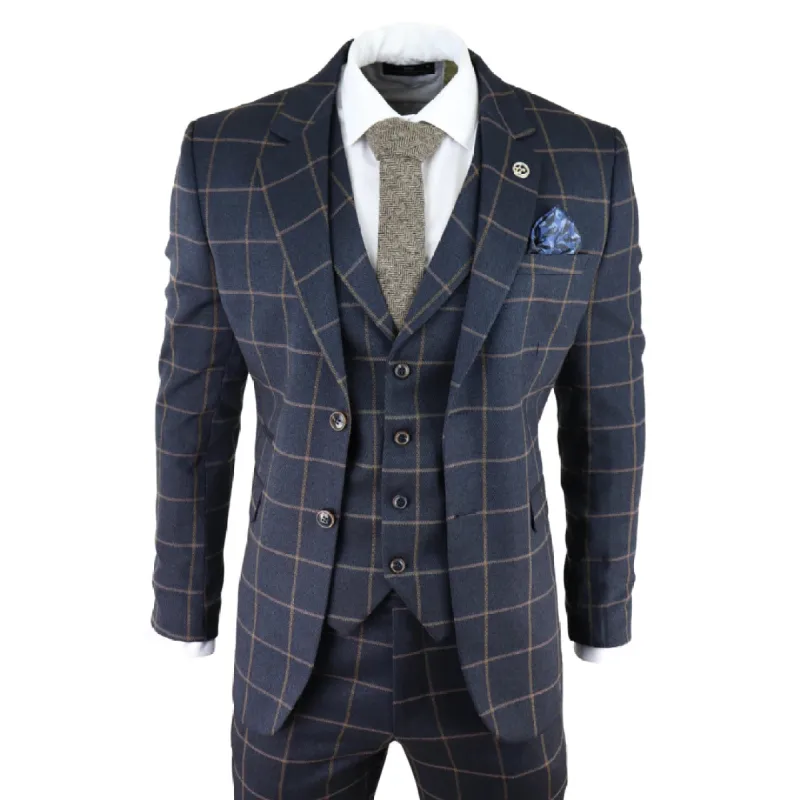 Kempson - Men's Herringbone Tweed Navy Check 3 Piece Wool Suit sold by Tru Clothing