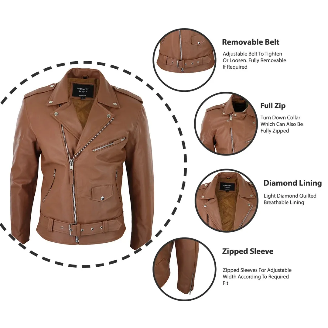 Men's Cow Hide Original Cross Zip Brando Biker Motorcycle Leather Jacket Tan sold by Tru Clothing product image thumbnail 3