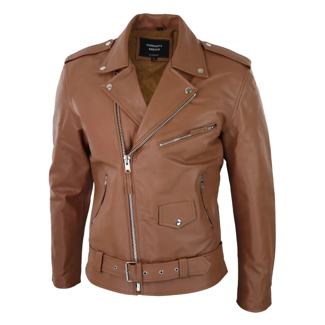 Men's Cow Hide Original Cross Zip Brando Biker Motorcycle Leather Jacket Tan sold by Tru Clothing product image thumbnail 2