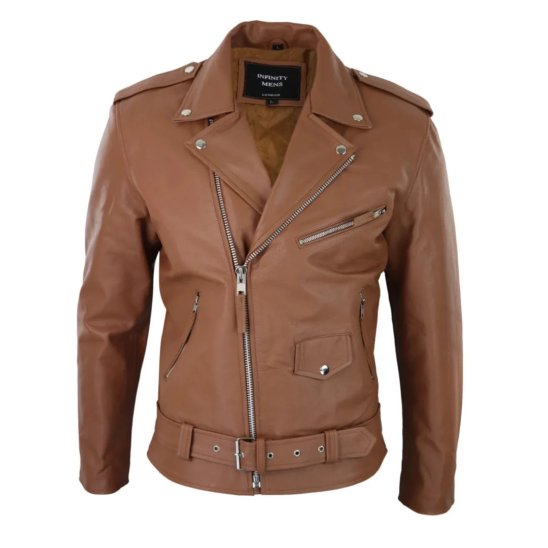 Men's Cow Hide Original Cross Zip Brando Biker Motorcycle Leather Jacket Tan sold by Tru Clothing