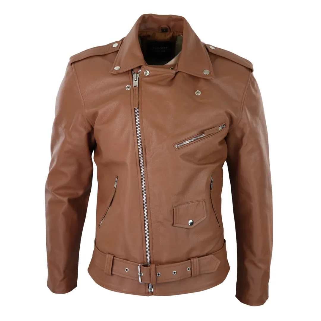 Men's Cow Hide Original Cross Zip Brando Biker Motorcycle Leather Jacket Tan sold by Tru Clothing product image thumbnail 4