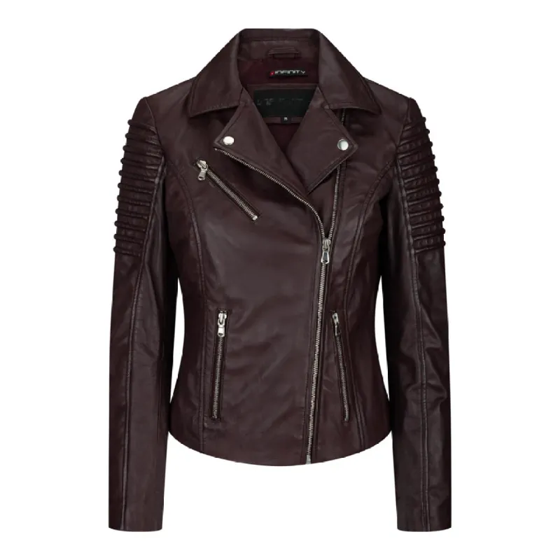 Women's Leather Burgundy Biker Jacket sold by Tru Clothing