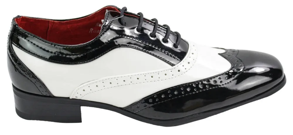 Mens Italian Design Black Red White Design Laced Leather Shiny Patent Shoes sold by Tru Clothing