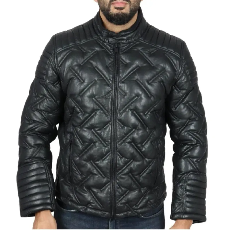 Men's Quilted Puffer Padded Biker Real Leather Jacket sold by Tru Clothing