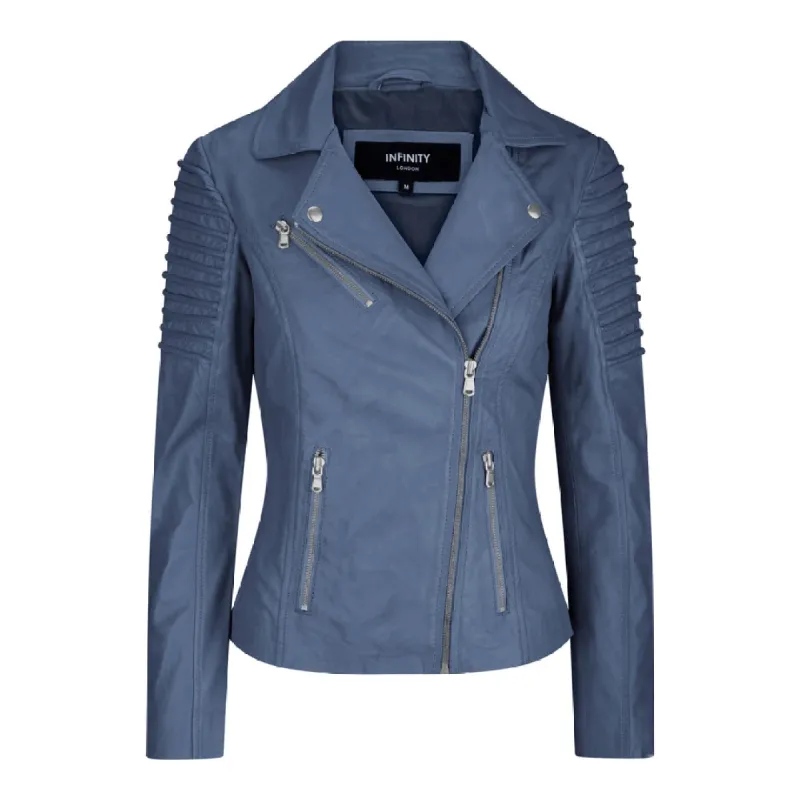 Women's Leather Blue Biker Jacket sold by Tru Clothing
