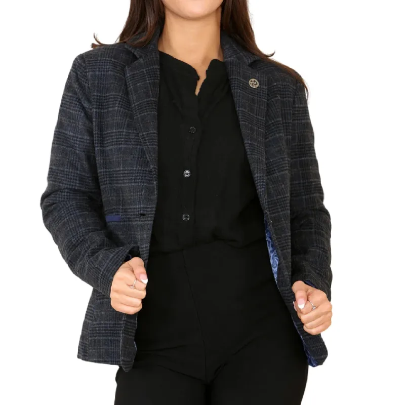 Women's Tweed Check Waistcoat Blazer Blue Suit sold by Tru Clothing