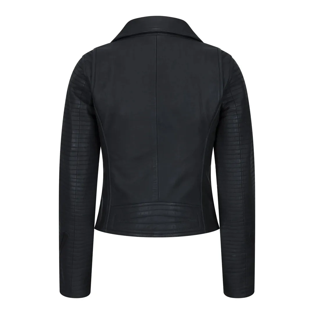 Women's Cross Zip Biker Leather Jacket Matt Black Stitch sold by Tru Clothing product image thumbnail 4
