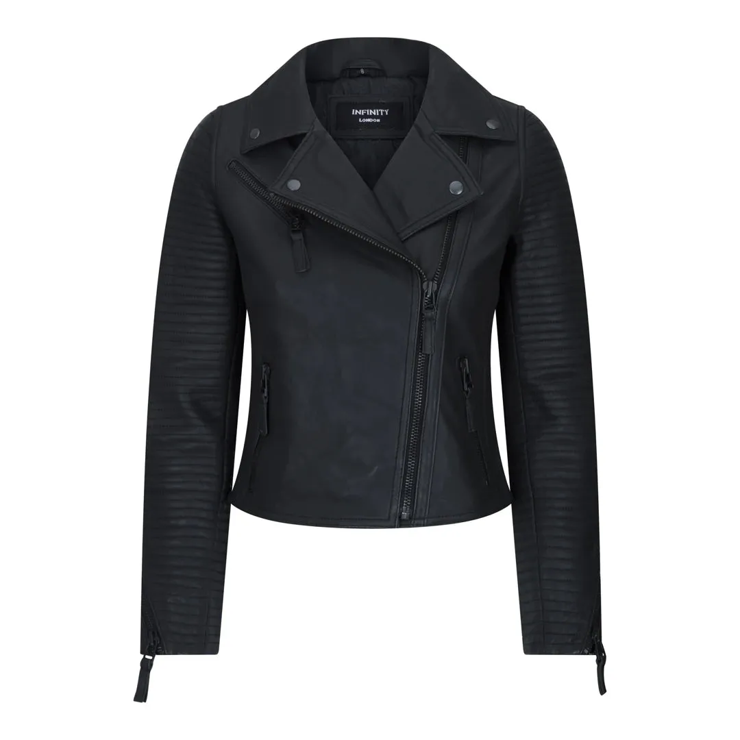 Women's Cross Zip Biker Leather Jacket Matt Black Stitch sold by Tru Clothing