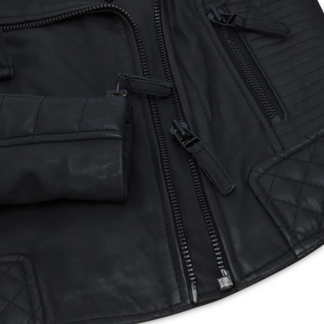 Women's Cross Zip Biker Leather Jacket Matt Black Stitch sold by Tru Clothing product image thumbnail 3