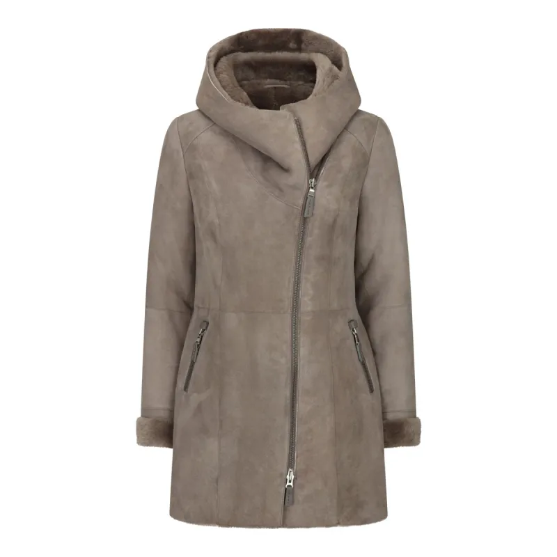 Women's 3/4 Mid Length Sheepskin Beige Toscana Suede Hood Coat sold by Tru Clothing