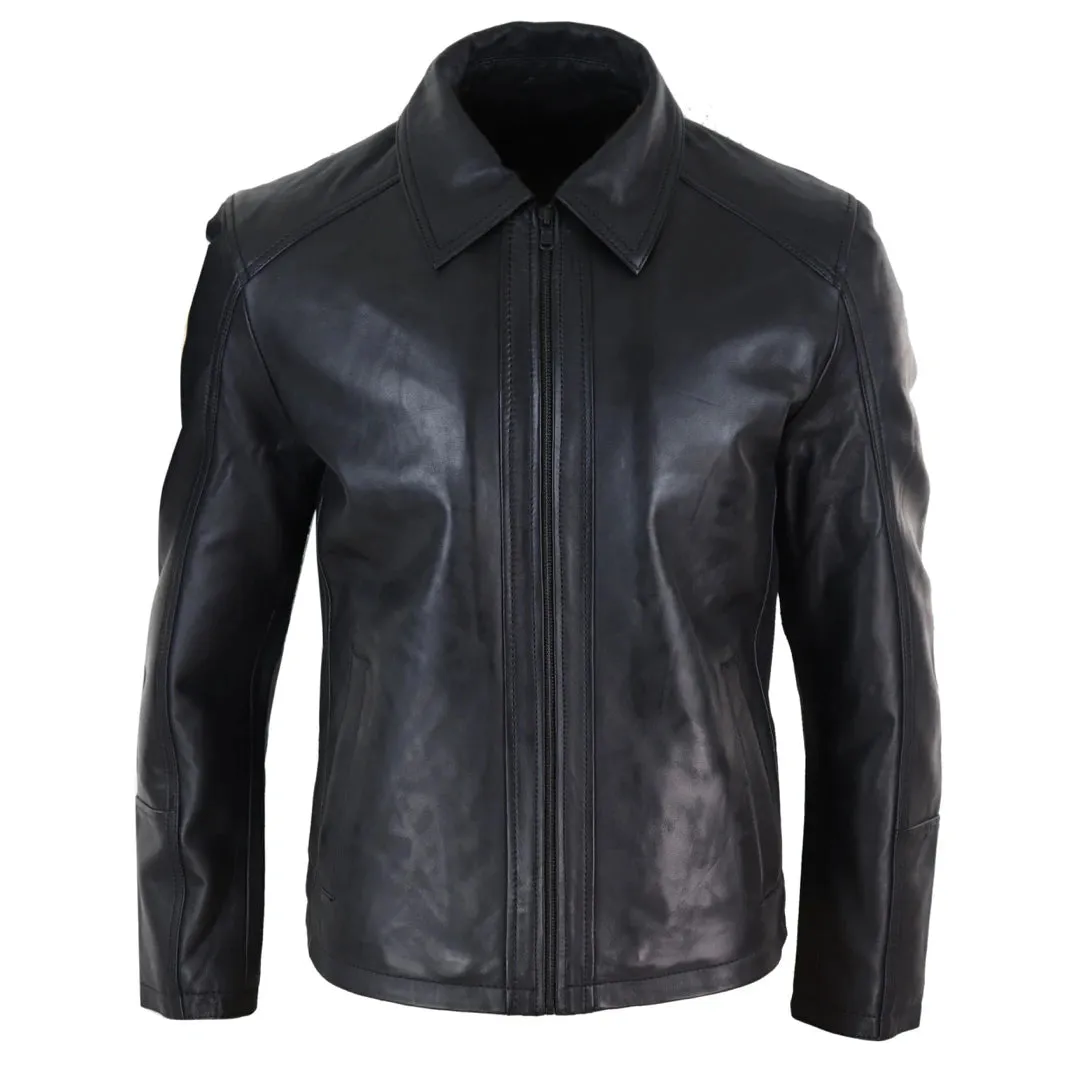 Men's Leather Jacket Black Tan Zipped Classic Soft Napa sold by Tru Clothing
