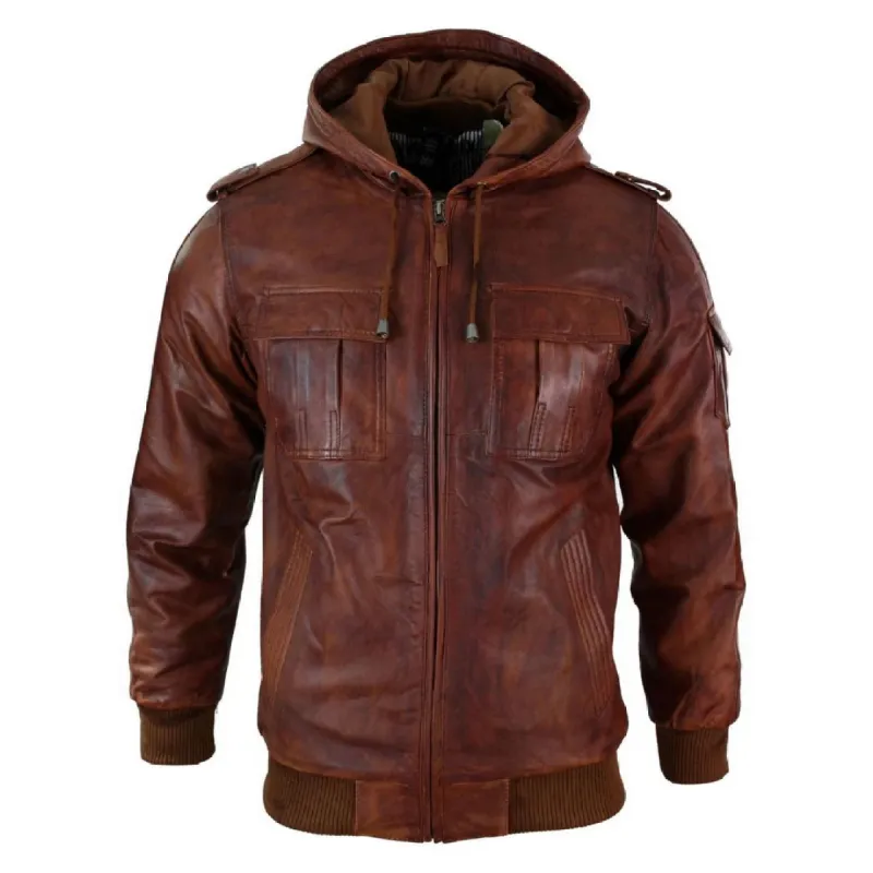 Men's Leather Hooded Bomber Tan Jacket sold by Tru Clothing