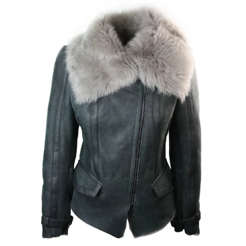 Women's Short Grey Shearling Sheepskin Jacket sold by Tru Clothing