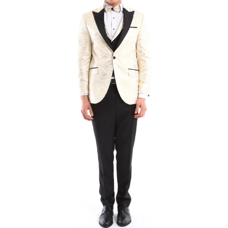 Men's 3 Piece Cream Black Ivory Suit Bow Tie Tuxedo Wedding Grooms Prom sold by Tru Clothing
