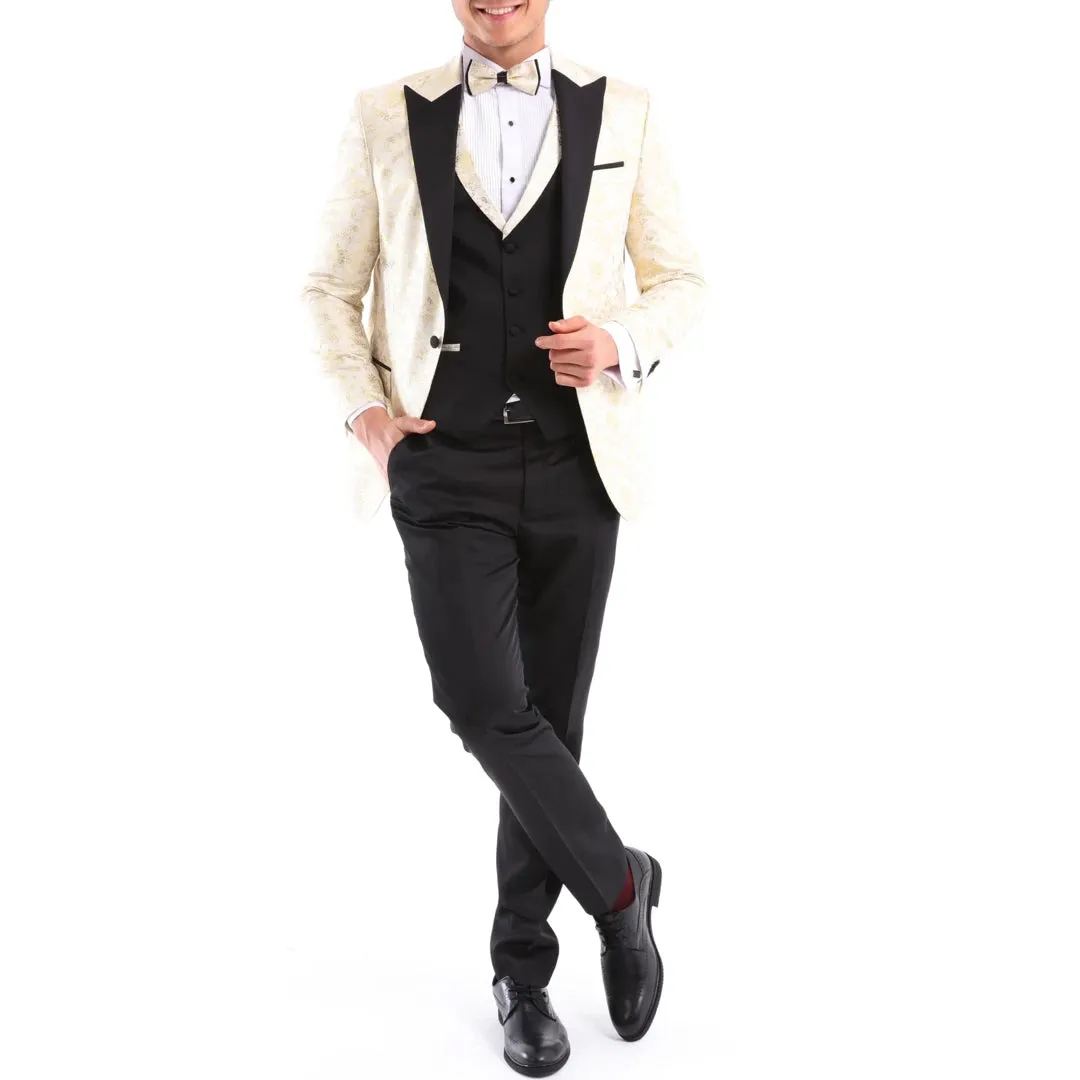 Men's 3 Piece Cream Black Ivory Suit Bow Tie Tuxedo Wedding Grooms Prom sold by Tru Clothing product image thumbnail 3