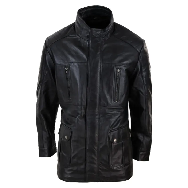 Men's 3/4 Leather Jacket Safari Black Brown Zipped Winter sold by Tru Clothing