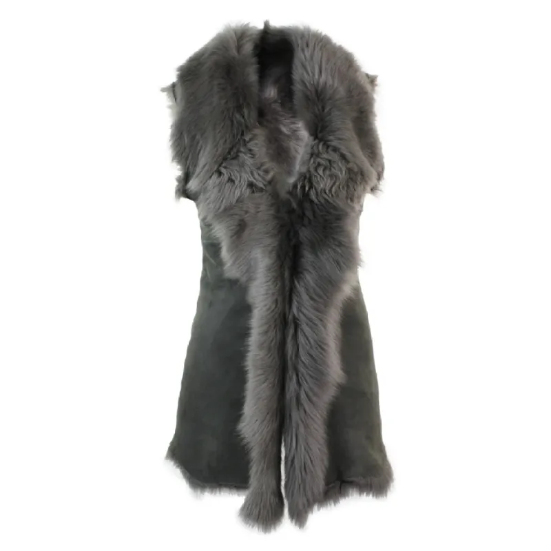 Women's Spanish Toscana Shearling Sheepskin Grey Leather Waistcoat sold by Tru Clothing