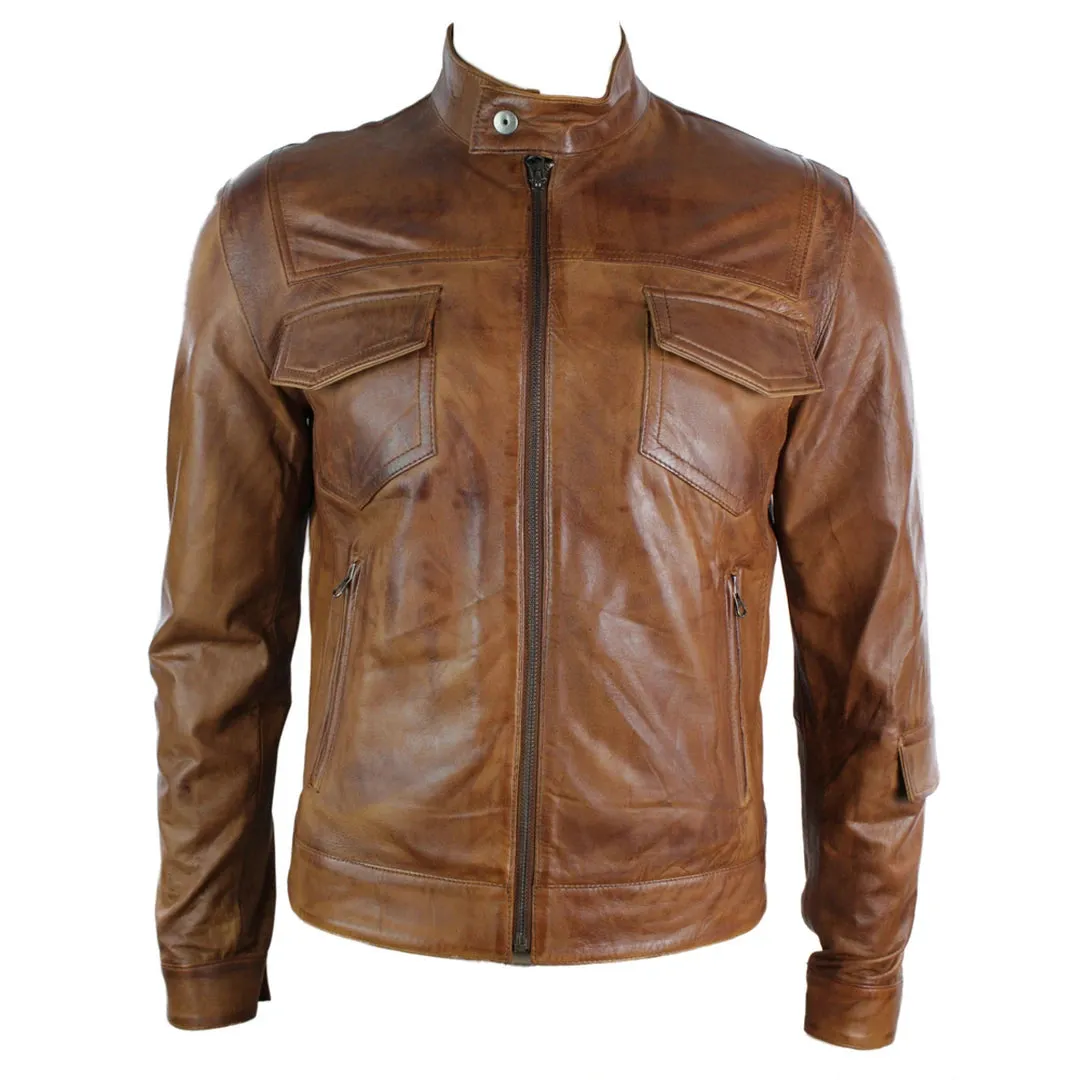 Men's Leather Jacket Biker Brown Zipped Pockets Fitted sold by Tru Clothing