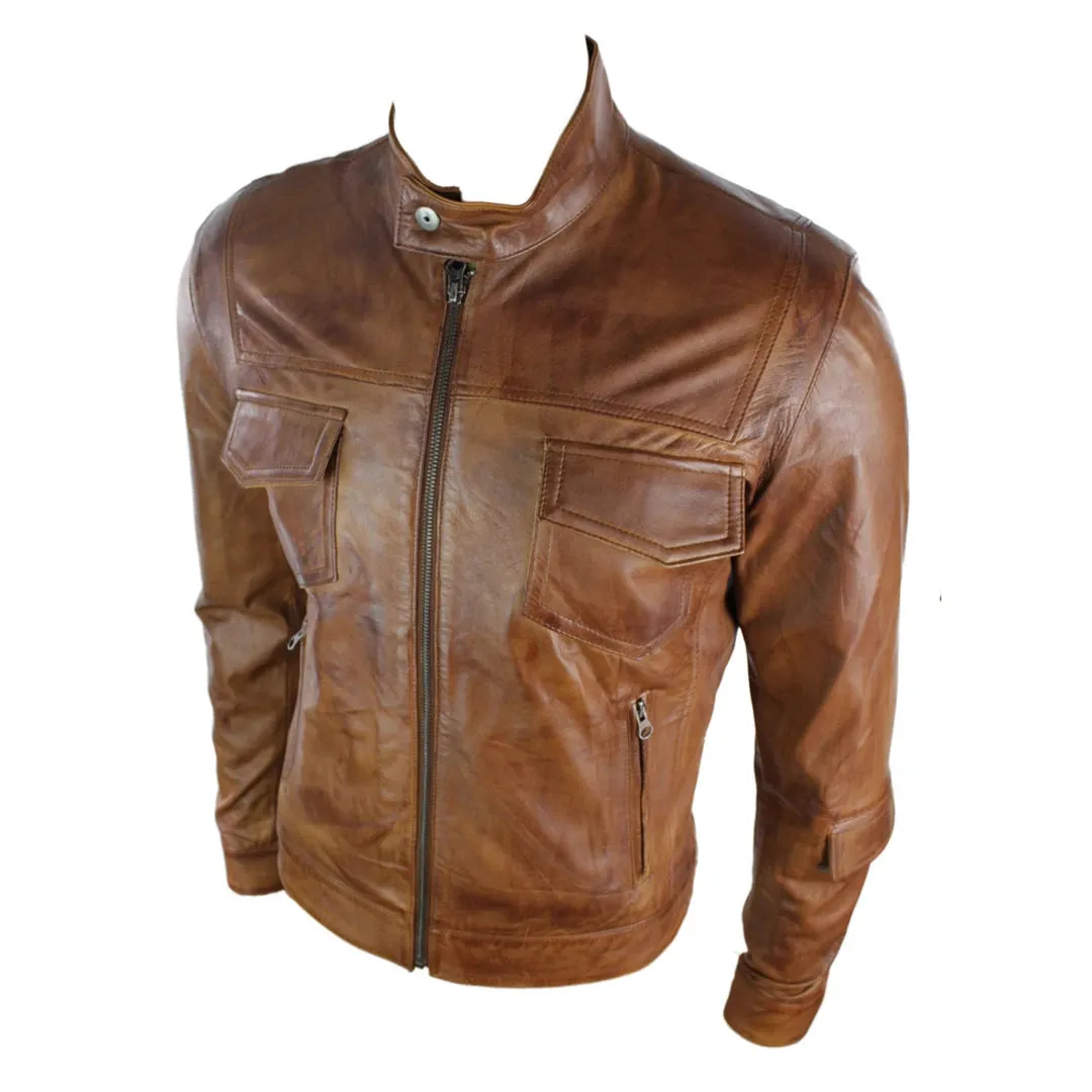 Men's Leather Jacket Biker Brown Zipped Pockets Fitted sold by Tru Clothing product image thumbnail 3