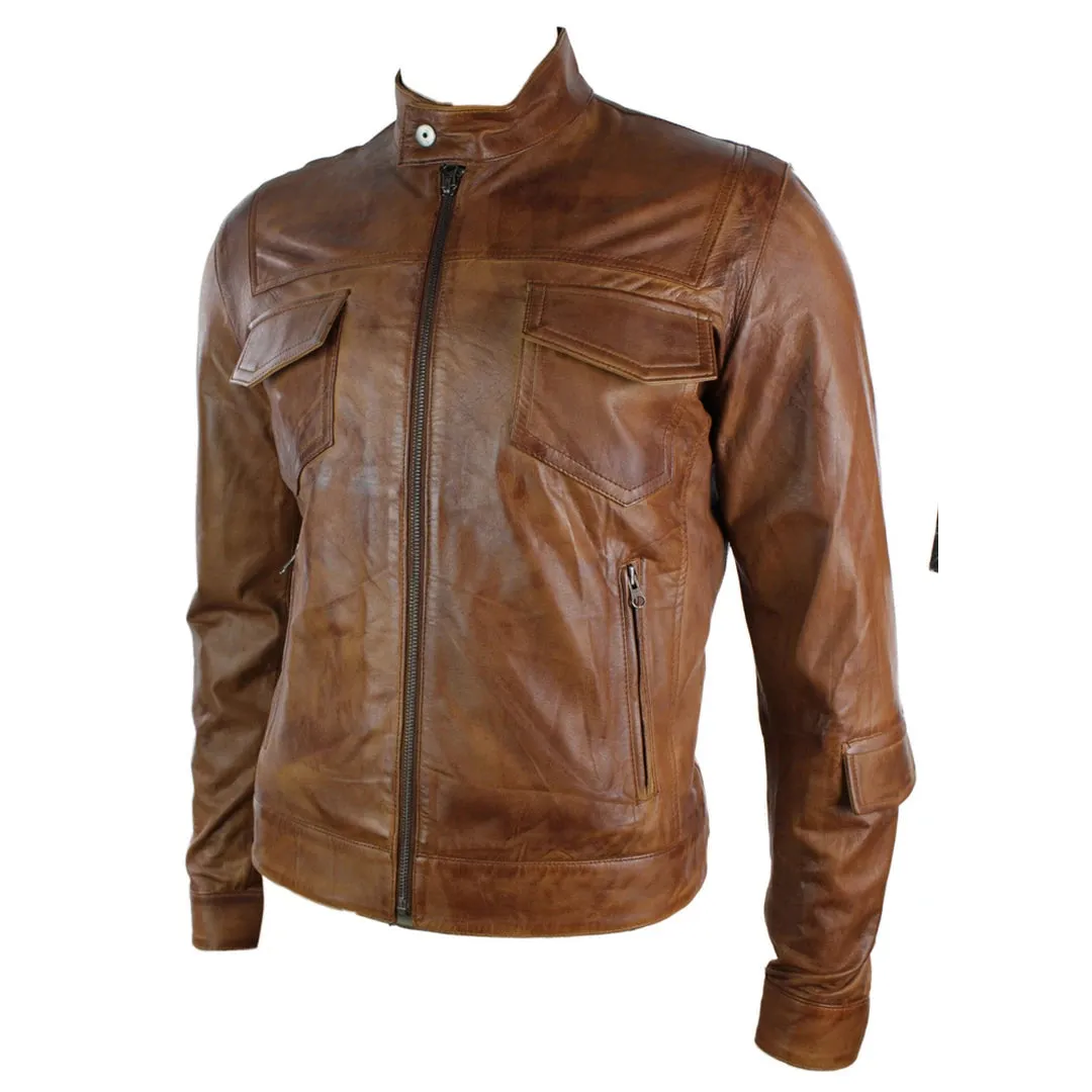 Men's Leather Jacket Biker Brown Zipped Pockets Fitted sold by Tru Clothing product image thumbnail 2