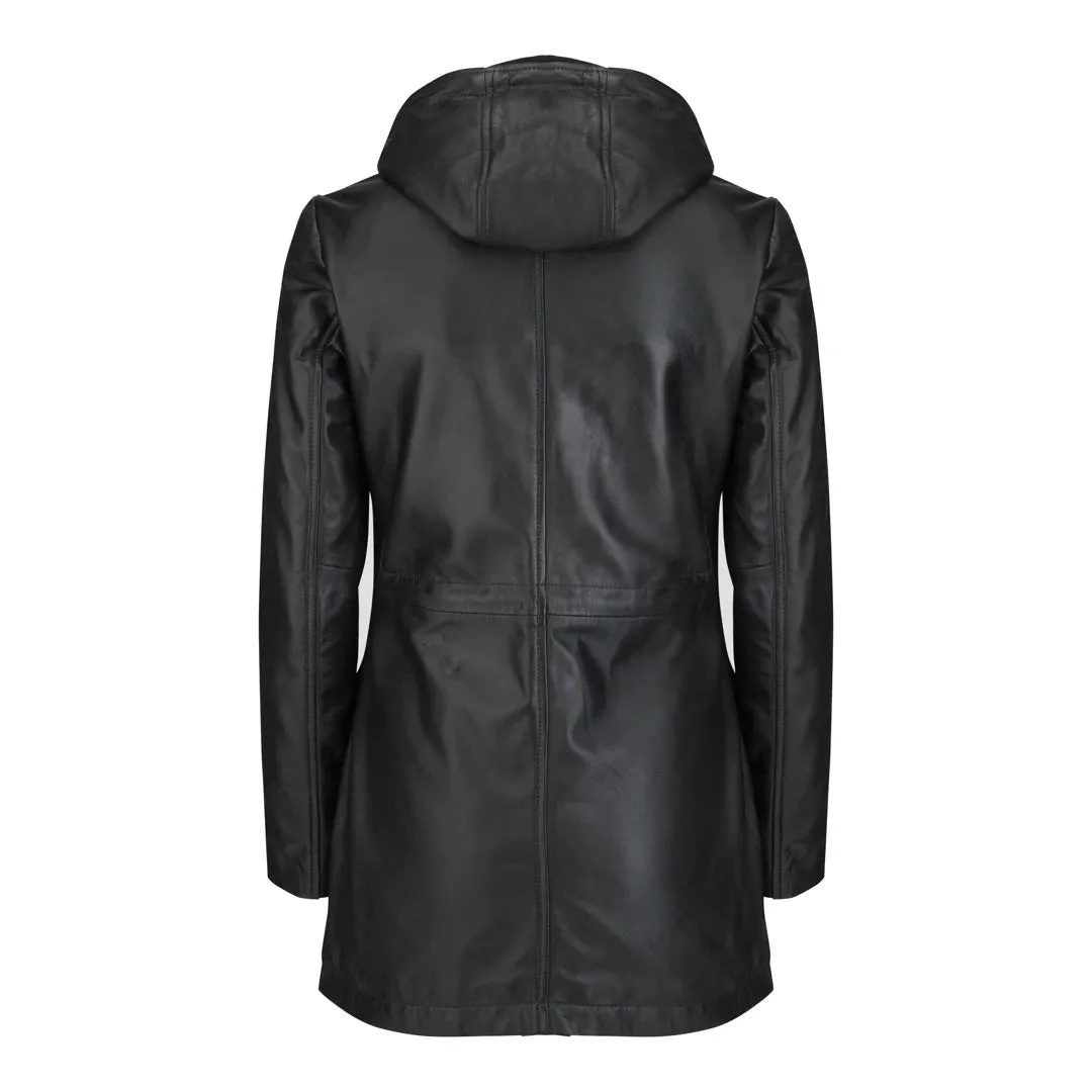 Women's Leather Peacoat Hooded Parka Jacket Navy Blue Brown sold by Tru Clothing product image thumbnail 3