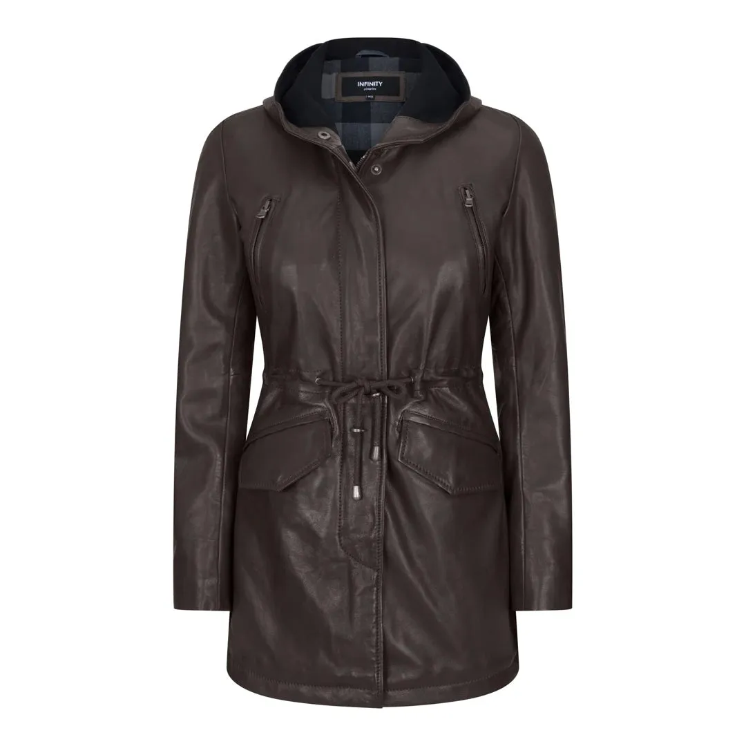 Women's Leather Peacoat Hooded Parka Jacket Navy Blue Brown sold by Tru Clothing product image thumbnail 4