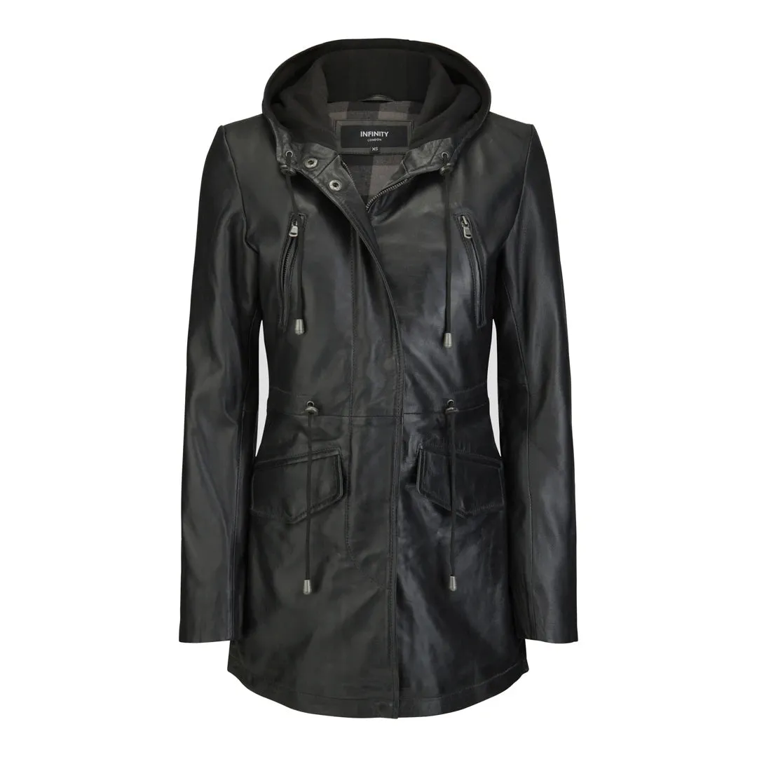 Women's Leather Peacoat Hooded Parka Jacket Navy Blue Brown sold by Tru Clothing