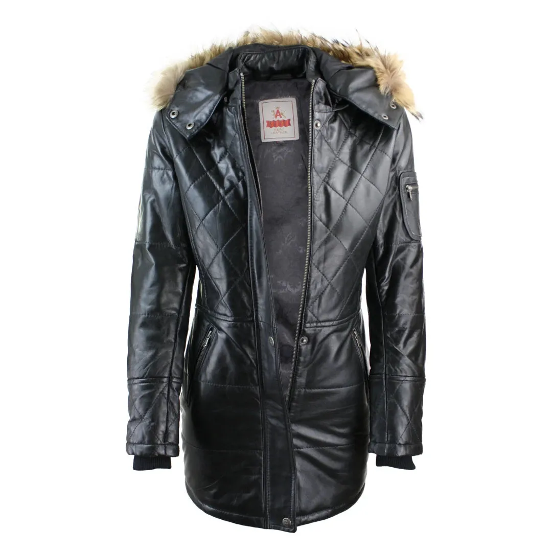 Women's Tan Brown Fur Hooded Parka Leather Jacket Winter Coat sold by Tru Clothing product image thumbnail 4