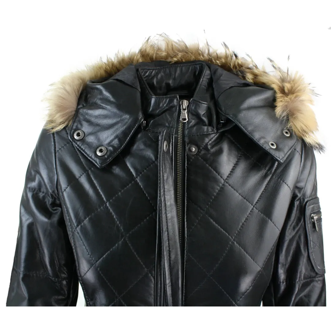 Women's Tan Brown Fur Hooded Parka Leather Jacket Winter Coat sold by Tru Clothing product image thumbnail 3